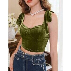 SHEIN Mod Olive Green Velvet Tie Strap Crop Top large